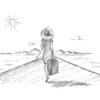 Hand drawn woman with suitcase going to travel