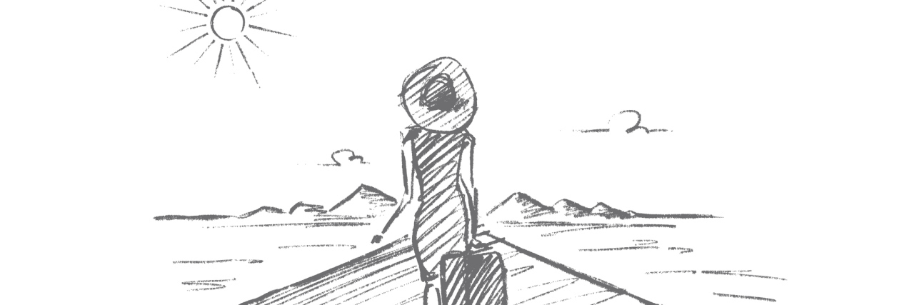 Hand drawn woman with suitcase going to travel