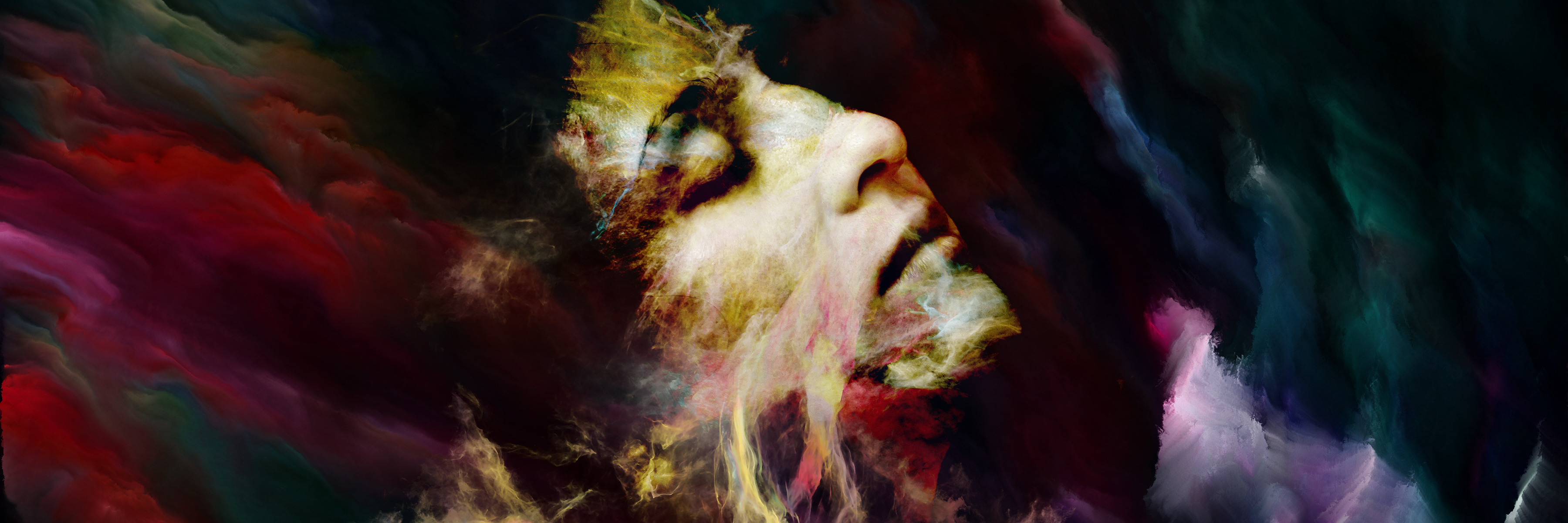 surreal colorful portrait of woman with colored swirls around her