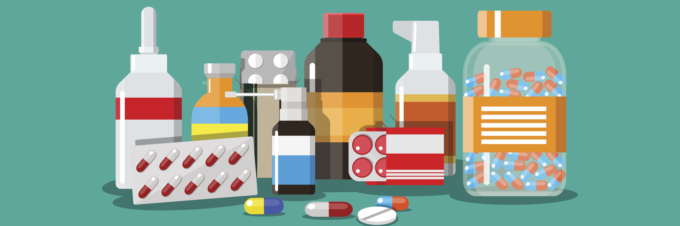 Different medical pills and bottles, healthcare and shopping, pharmacy, drug store. Vector illustration in flat style