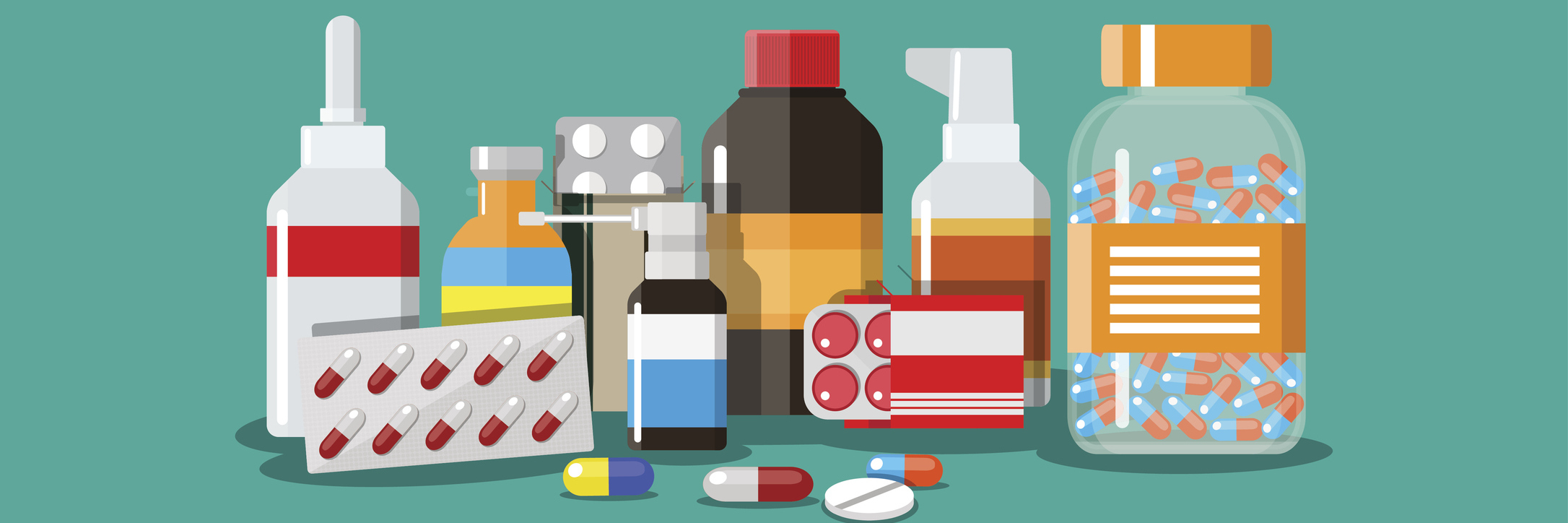 'Pill Shaming' and Misconceptions About Taking Medication Long-Term Different medical pills and bottles, healthcare and shopping, pharmacy, drug store. Vector illustration in flat style