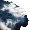 Double exposure of girl profile silhouette and stormy cloudscape