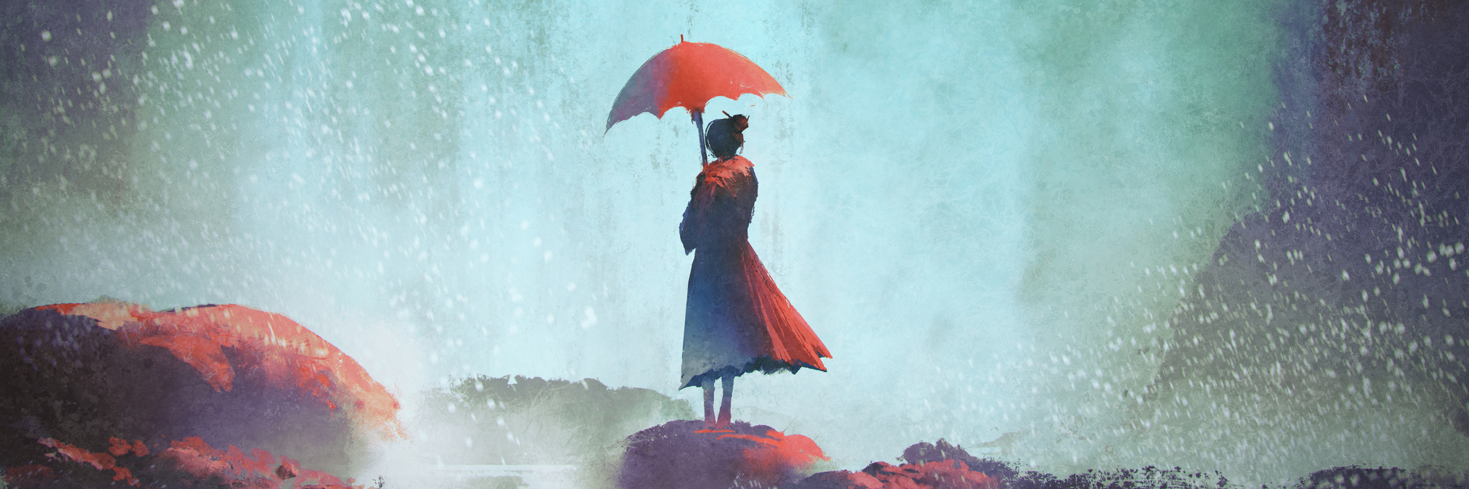 Lyme Disease: Only Being Responsible for Yourself, Not Others painting of woman standing under a waterfall and holding an umbrella