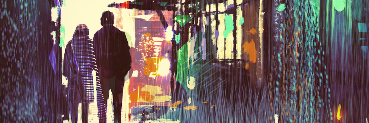 5 Reasons BPD Can Make It Hard to Maintain Relationships sci-fi concept of couple walking in alley at rainy night with digital art style, illustration painting