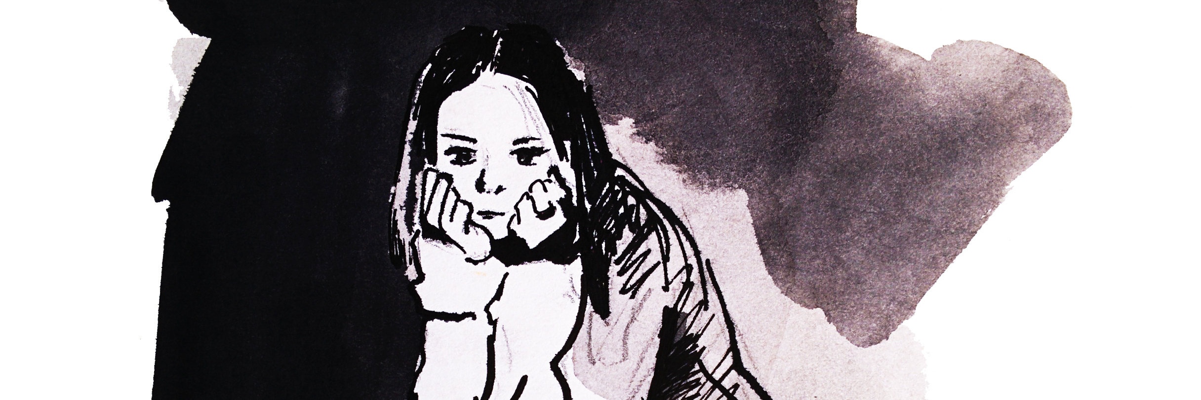 An illustration of a girl sitting, looking at the ground, sad.