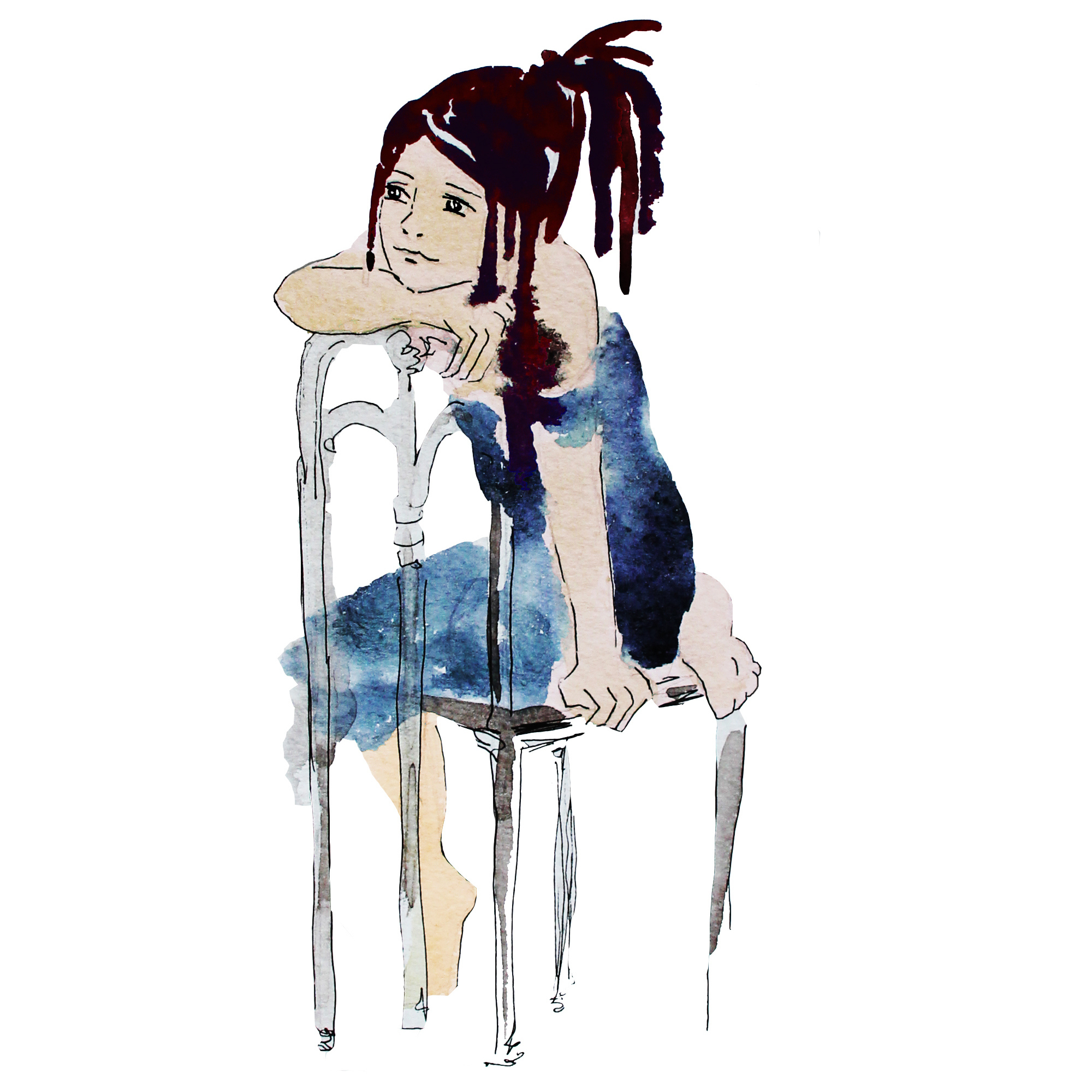 A water color image of a woman sitting at a chair, with a sad, tired expression.