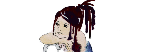 A water color image of a woman sitting at a chair, with a sad, tired expression.