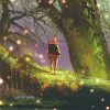 hiker with backpack standing on giant tree with fireflies in enchanted forest, digital art style, illustration painting