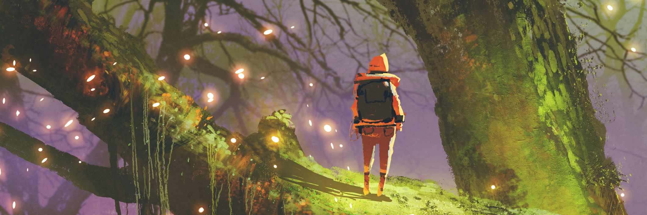 hiker with backpack standing on giant tree with fireflies in enchanted forest, digital art style, illustration painting