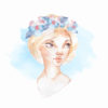 A watercolored image of a woman's face, who is wearing a flower crown on her head.