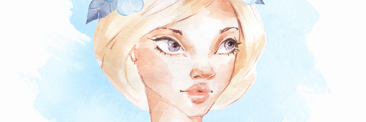 A watercolored image of a woman's face, who is wearing a flower crown on her head.