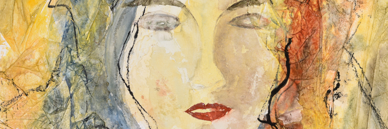 When Anxiety Makes Me Forget to Eat Modern watercolor sketched portrait of the face of a young woman in a color wash or blended style of red, yellow and black paint hues