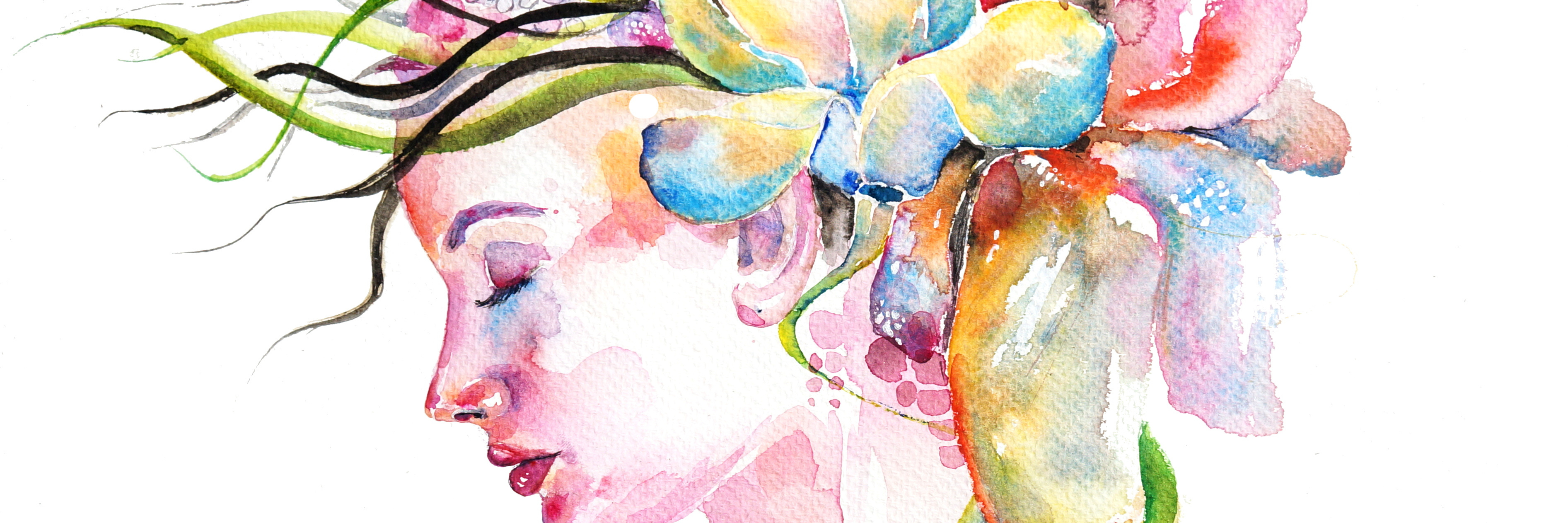 Why I Used My Eating Disorder to Get Attention Watercolor illustration representing young girl face with lowers in her hair. Flowers are in light blue and pink colors.