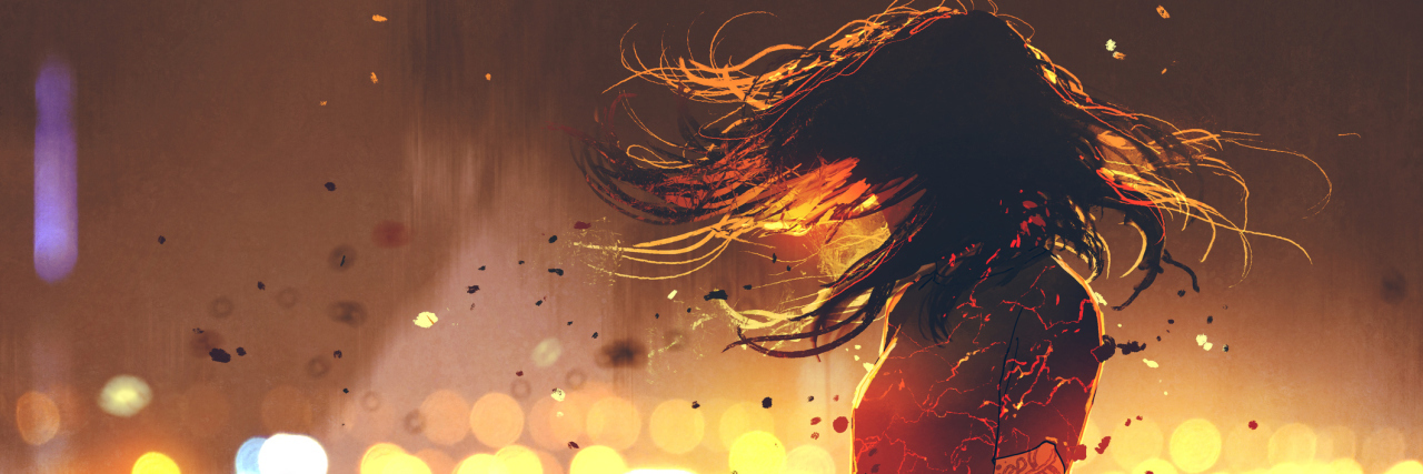 illustration of woman with cracked fire effect on body against defocused lights