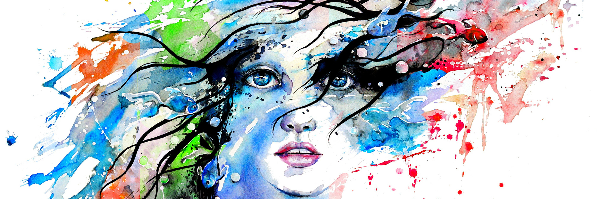 A watercolor illustration of a woman, with paint splashed around the face.