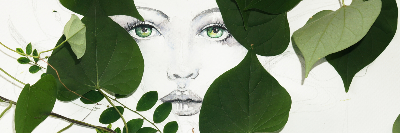 My Psychogenic Non-Epileptic Seizures Triggered by Emotional Trauma drawing of woman's face between green leaves