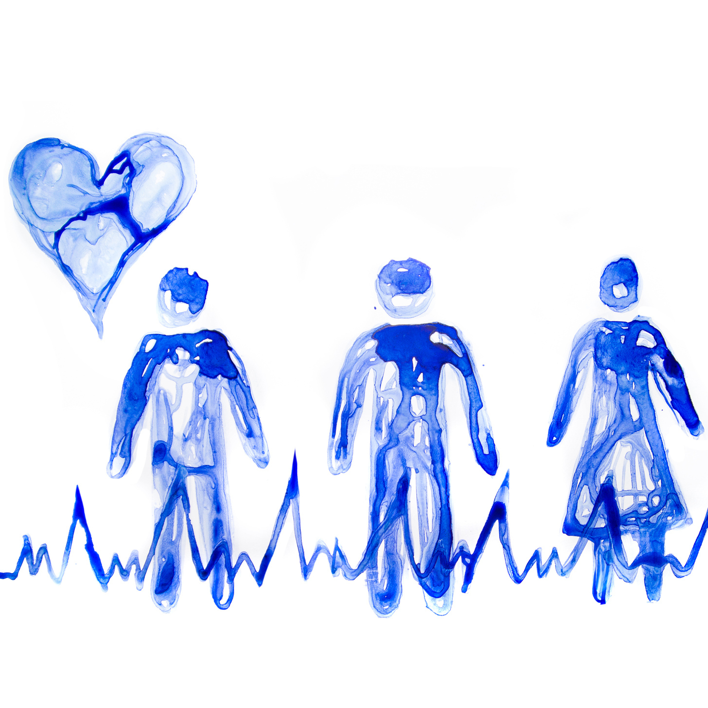 Water colored people, with a heart and heart moniter wave.