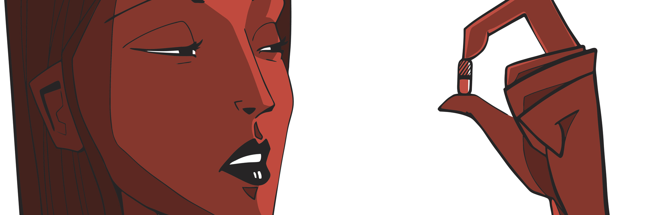 The Benefits and Downsides of Prednisone Stylized drawing of appealing woman holding capsule in red tones