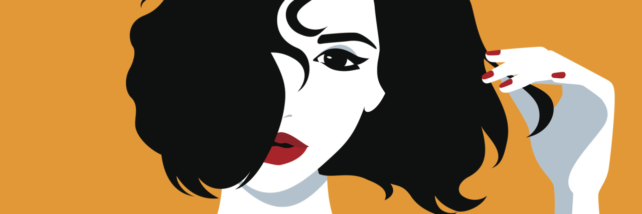 Vector illustration of the beautiful young girl holding her unruly black hair
