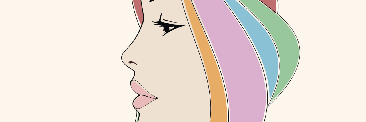 What It Looks Like to Come Back After a Bipolar Disorder 'Crash' Female silhouette of contour. Woman face profile view . Beauty girl portrait with colorful hair vector illustration on beige background.