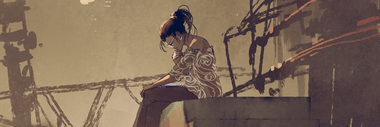 illustration of a woman sitting on a stoop, reading