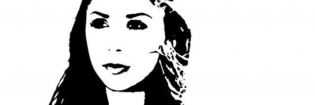 Vector graphic of a young woman in black on a white background.