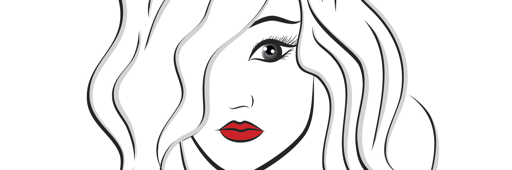 drawing of a woman with red lips and hair blowing around her face
