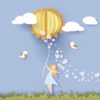 A paper art graphic of a woman with a sun balloon in her hands, and birds around her.