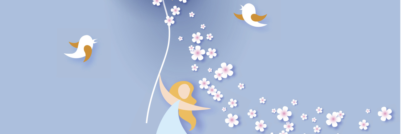 To the Young Person Wondering How to Live Meaningfully With Illness A paper art graphic of a woman with a sun balloon in her hands, and birds around her.