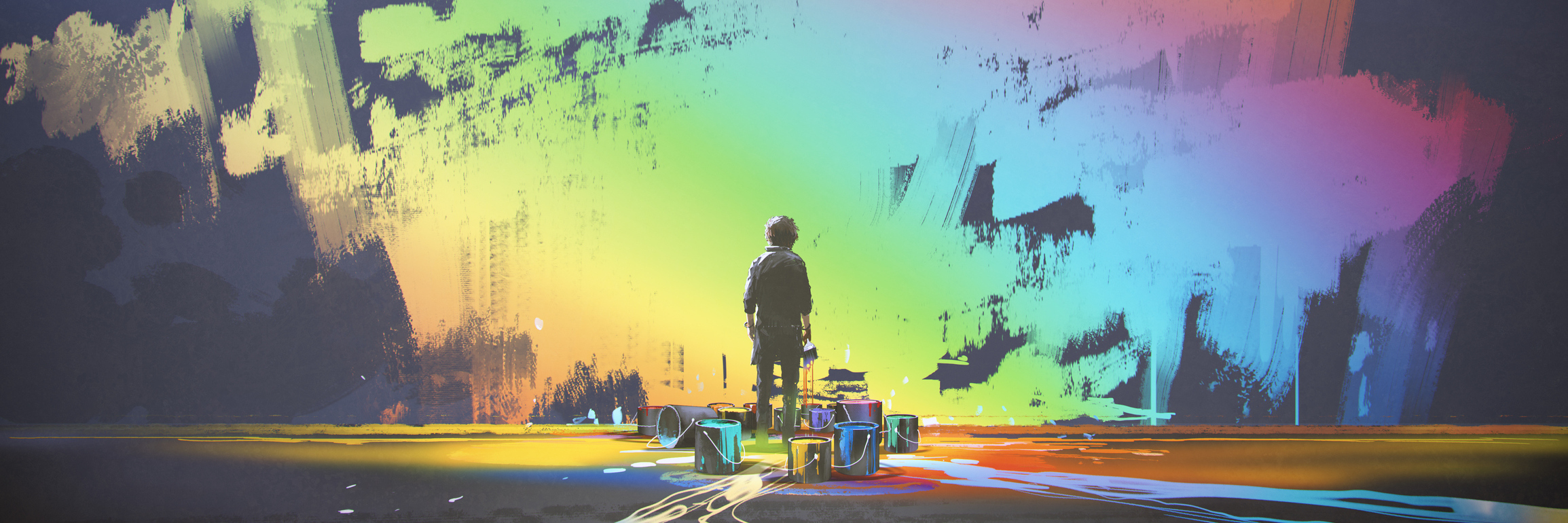 The Help I Wish I Had Asked for After Getting Diagnosed With PTSD man paints colorful brush stroke in the air with magic brush, digital art style, illustration painting