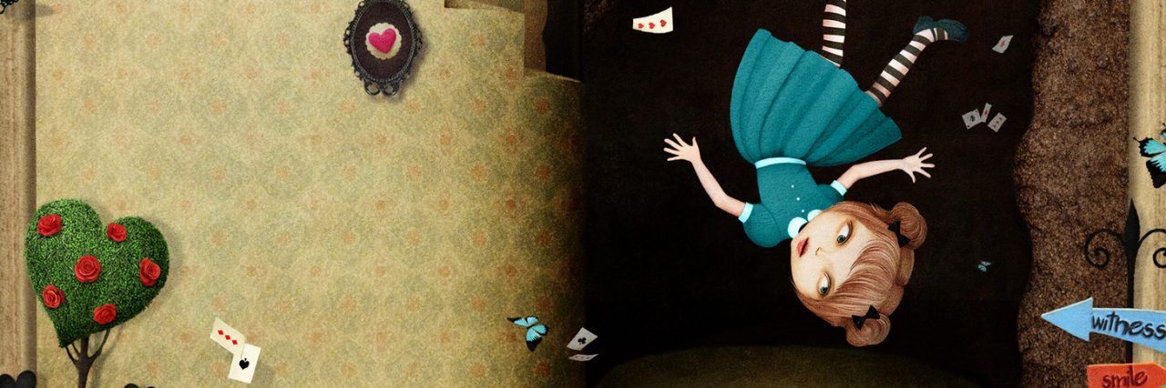 Conceptual illustration with magical book Wonderland and the falling girl