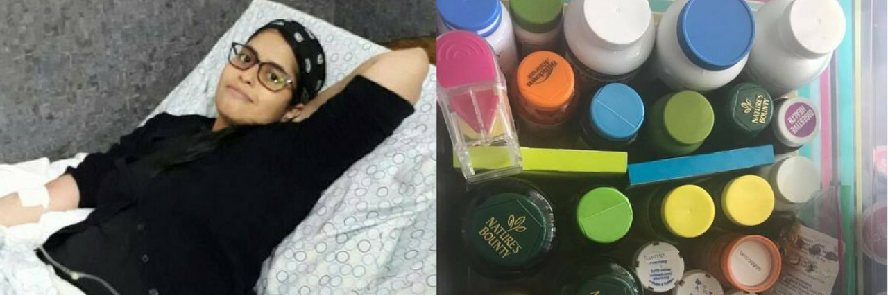 photo of woman in hospital bed next to photo of pill bottles