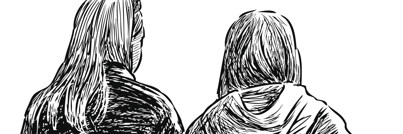 sketch of two women walking together