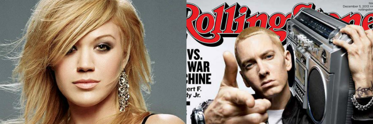 20 Songs That Have Helped People Through Childhood Emotional Abuse On the left is musician Kelly Clarkson; on the right is musician Eminem.