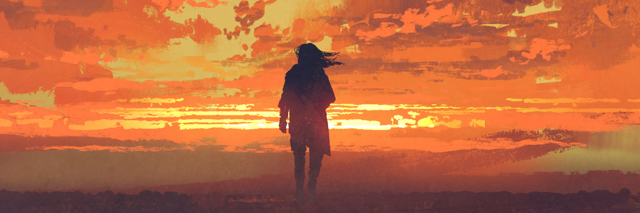 lonely man looking at fiery sunset sky with digital art style, illustration painting