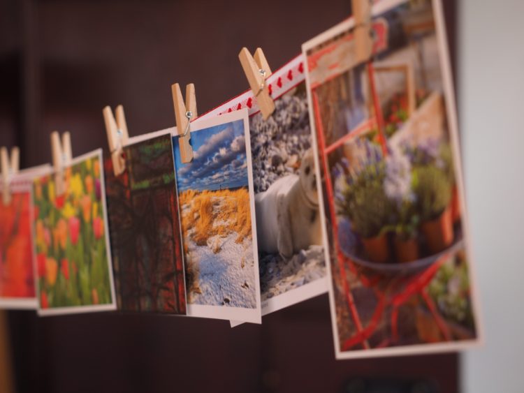 postcards on clothesline