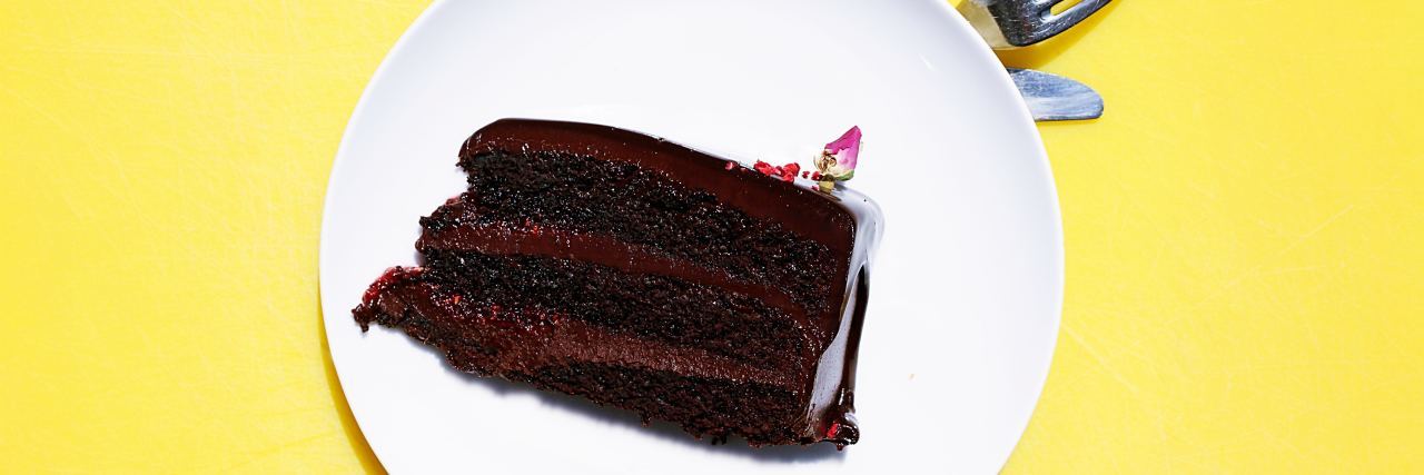 a piece of chocolate cake on a plate