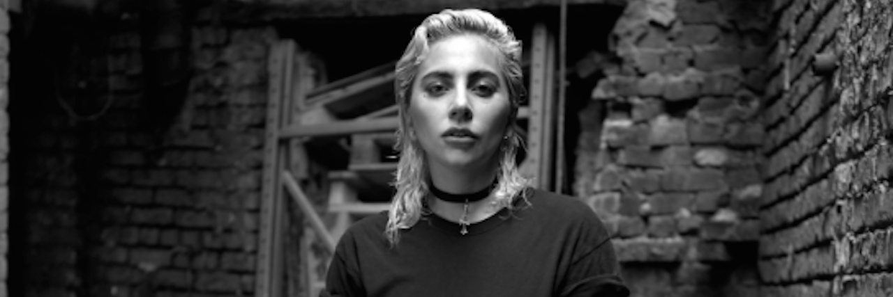 A black and white photo of Lady Gaga.
