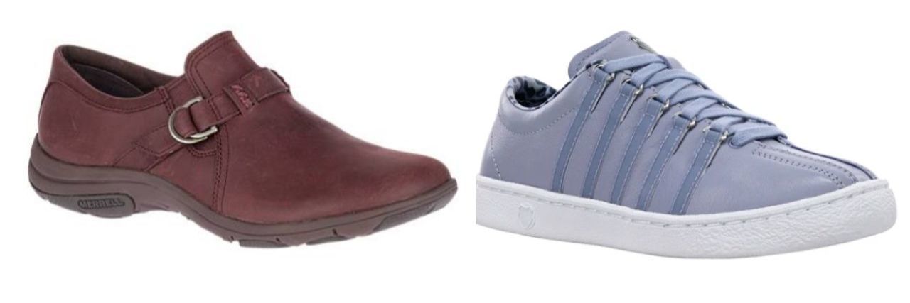 (left) Merrell brand Women's Dassie Stitch Buckle in a cranberry color; (right) K Swiss classic sneaker in blue