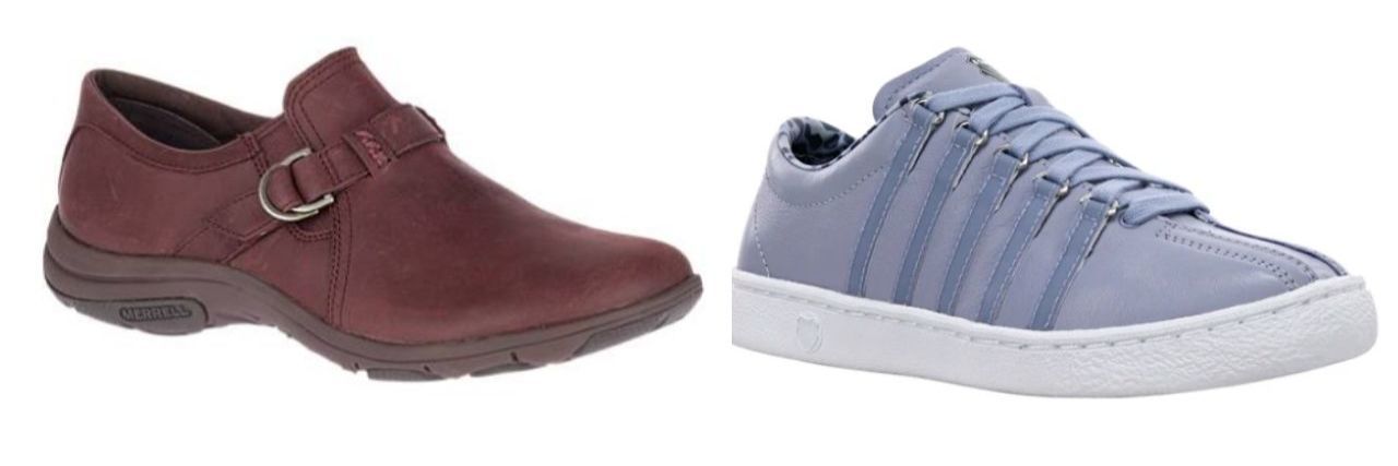 20 Shoe Brands People With Chronic Pain Recommend (left) Merrell brand Women's Dassie Stitch Buckle in a cranberry color; (right) K Swiss classic sneaker in blue