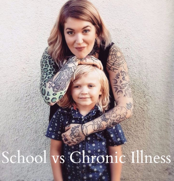 The writer and her son, with the text reading, "School vs Chronic Illness."