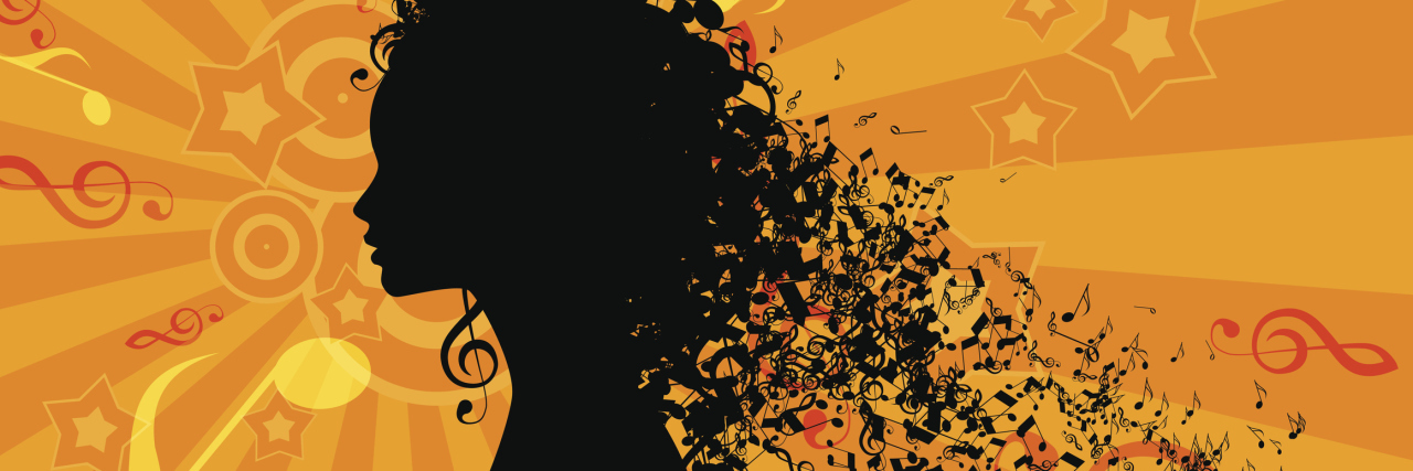 Show Tunes That Help Me Battle Depression vector illustration of woman's silhouette with music notes falling from hair