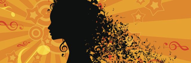 vector illustration of woman's silhouette with music notes falling from hair