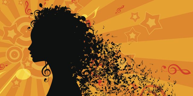 vector illustration of woman's silhouette with music notes falling from hair