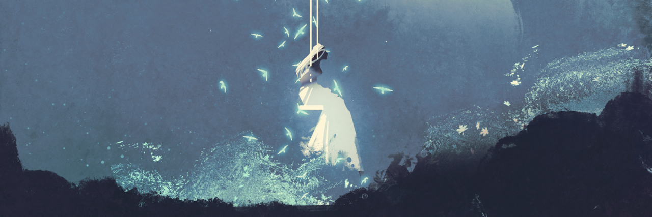 How It Felt to Be Known as the 'Anorexic Girl' at School woman on a swing under night sky with stars and clouds,illustration painting