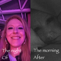 photo of woman out at night and photo of her the next morning in bed