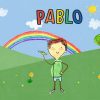 A drawing of a boy in a field holding a crayon with a rainbow in the back