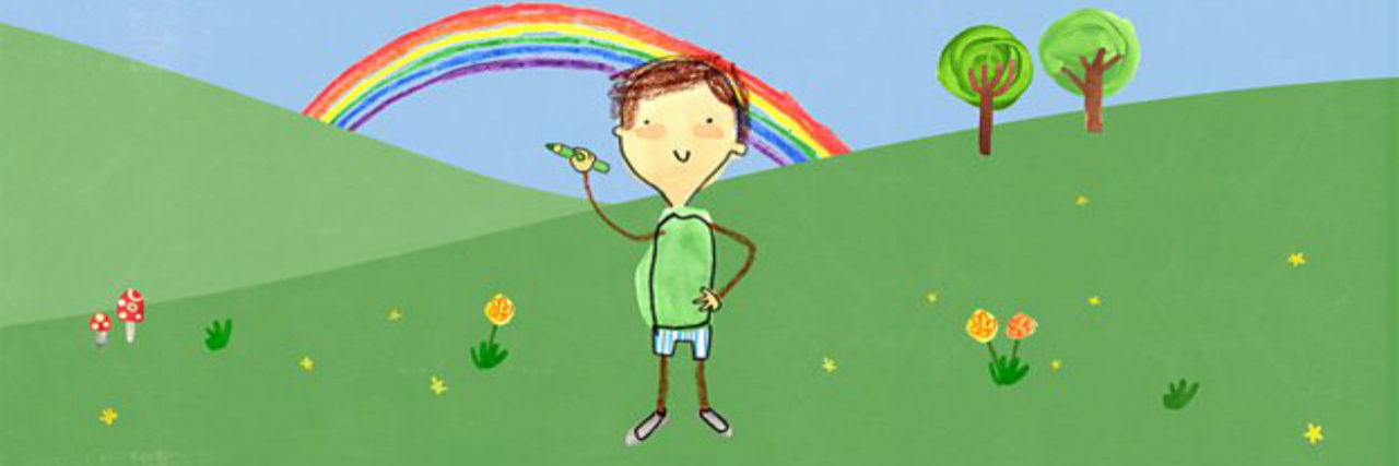 A drawing of a boy in a field holding a crayon with a rainbow in the back