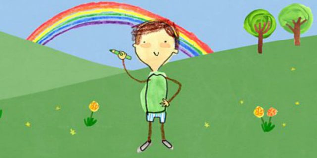 A drawing of a boy in a field holding a crayon with a rainbow in the back