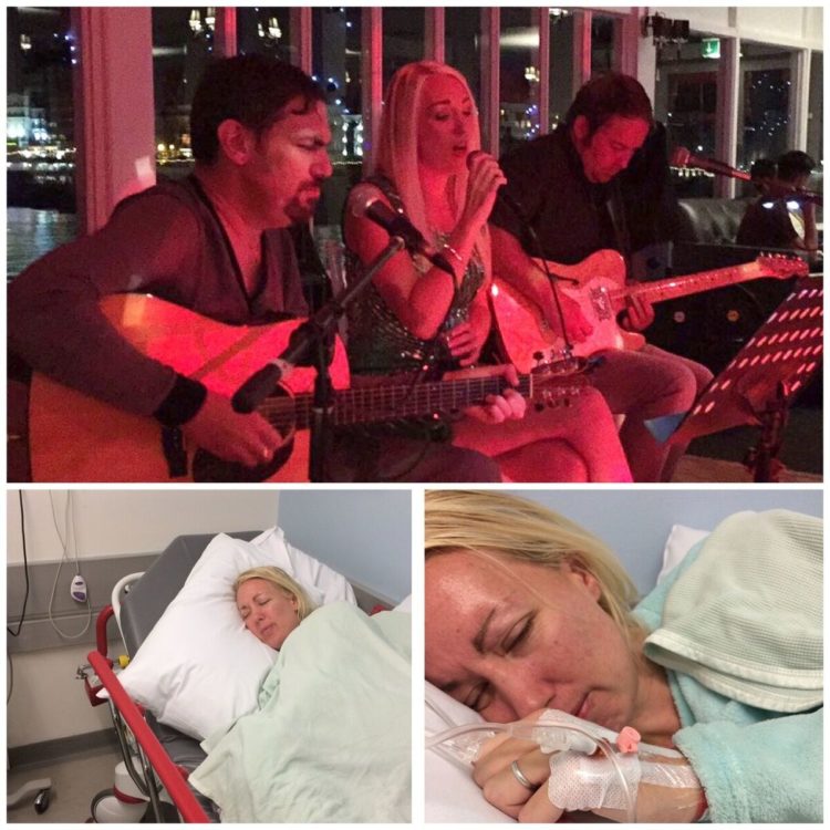 photo of woman singing at a gig next to photos of her in the hospital